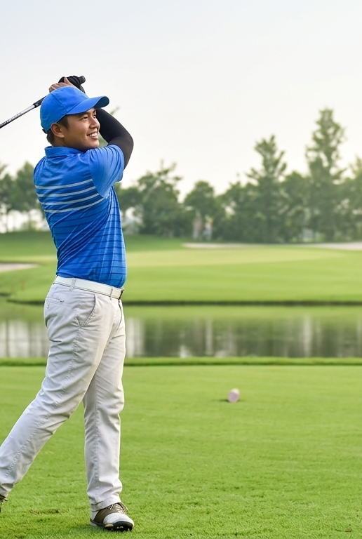 A golfer in a blue shirt swings a club on a lush course, with a lake and clubhouse in the background, mid-swing at sunset.