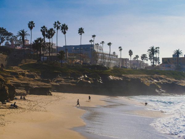 A sunny beach with waves and sand, people walking, palm trees, and beachfront buildings under a clear blue sky.
